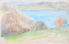 Martin, William A. (1899-1988): Coastal woodland- verso ship drawing, harbour sketch, watercolour and pencil, 14.1 x 43 cms. Presented by Moss, Ruth. Bequest.