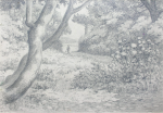 Martin, William A. (1899-1988): Woodland scene with flowers and figure, pencil, 14.8 x 22.8 cms. Presented by Moss, Ruth. Bequest.