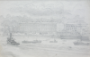 Martin, William A. (1899-1988): Port scene with ships and buildings, pencil, 14.5 x 24 cms. Presented by Moss, Ruth. Bequest.