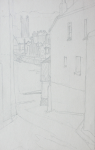 Martin, William A. (1899-1988): Street scene with distant church tower, pencil, 18.3 x 26.5 cms. Presented by Moss, Ruth. Bequest.