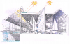 Long, M.J.(1939-2018) : Architect's original drawing for the National Maritime Museum Cornwall, signed, computer laser print with additional colour crayon, 20.9 x 29.8 cms. Presented by M.J.Long 2002.