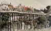 Newton, Kenneth (1933-1984): Railings in the snow - rear of Quarry Street, Guildford, 1961/2, oil on canvas, 76.2 x 122 cms. The Richard Harris Gift.