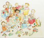Fuller, Claire (born 1971): Messy workshop - an illustration for Samantha Seagull, inscribed Claire, Jo, Hannah, watercolour and ink, 25.5 x 35.5 cms. Presented by Claire Fuller in 2004.