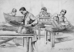 Heath, Isobel (1908-1989): Making spitfire bodies, signed, inscribed pools making spitfire bodies Isobel Heath H81, pencil, 28 x 38 cms. Presented by Diane Saxon in memory of Colin Bramley Parker in 2005.