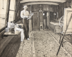 Freeman, Winifred (1866-1961): Charles Napier Hemy RA RWS (1841-1917) painting in his 'floating studio', The Vandermeer, signed and dated 1892, ink and wash en grisaille, 38 x 45.5 cms.