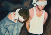 Elia, Wendy : Caught no 2 (from the series 'It'll happen when you least expect it'), signed, oil on canvas, 12.5 x 17.5 cms. Presented by Priseman, Robert. © Wendy Elia.