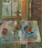 Algar, Patricia (1939-2013): Still life with blue dish, signed, inscribed 'Still life with blue dish, Pat Algar' on back, oil on board, 56.6 x 50.5 cms. Presented by Alice Carr on behalf of Patricia Algar Ltd.