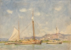Tuke, Henry Scott, RA RWS (1858-1929): Three Sloops at Black River, signed and dated 1924, watercolour, 26 x 36 cms. RCPS Tuke Collection. Loan.