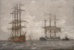 Tuke, Henry Scott, RA RWS (1858-1929): Sailing Ships and Tug, oil laid down canvas, 22.3 x 33.8 cms. RCPS Tuke Collection. Loan.