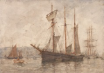 Tuke, Henry Scott, RA RWS (1858-1929): Topsail Schooner, signed and dated, inscribed Watercolour sketch of a tall ship on the reverse - more could be revealed cleaning., watercolour, 25.3 x 35.5 cms. RCPS Tuke Collection. Loan.