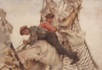 Tuke, Henry Scott, RA RWS (1858-1929): Stowing Head Sails, signed and dated 1914, watercolour, 17.7 x 26 cms. RCPS Tuke Collection. Loan.