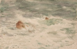 Tuke, Henry Scott, RA RWS (1858-1929): Sea and Rocks, signed and dated 1903, watercolour, 13.8 x 21.5 cms. RCPS Tuke Collection. Loan.