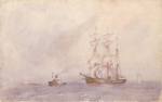 Tuke, Henry Scott, RA RWS (1858-1929): Sailing Ship and Tug, signed and dated 1911, inscribed H.S. Tuke, watercolour, 13.5 x 21.7 cms. RCPS Tuke Collection. Loan.
