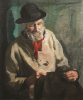 Tuke, Henry Scott, RA RWS (1858-1929): Denny mending sail, signed, oil on canvas laid down on board, 62.5 x 47.4 cms. RCPS Tuke Collection. Loan.
