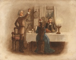 Tuke, Henry Scott, RA RWS (1858-1929): Thus he spake to his guests, January 1877, signed and dated 1877, inscribed Original 'Thus he spake to his guests. After your houses are built and your fields are yellow with harvest No King George of England shall drive you away from your homesteads Burning your dwellings and barns, stealing your farms and your cattle Evangelim Pt.II' subject for Jan. 1877, watercolour, 17.8 x 22.9 cms. RCPS Tuke Collection. Loan.