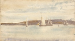 Tuke, Henry Scott, RA RWS (1858-1929): Ships at Falmouth, signed, inscribed H.S.T., watercolour, 9.7 x 17.3 cms. RCPS Tuke Collection. Loan.