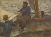 Tuke, Henry Scott, RA RWS (1858-1929): Sketch for Reefing the Mainsail, R386, signed, inscribed TUKE, Raffaelli oil sticks on panel, 26.6 x 36 cms. RCPS Tuke Collection. Loan.