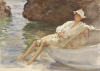 Tuke, Henry Scott, RA RWS (1858-1929): Boy leaning on a boat, watercolour, 18 x 25 cms. RCPS Tuke Collection. Loan.