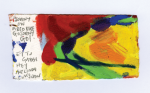 Frost, Anthony : Shithot Shithots, signed and dated 1995, inscribed Shithot Shithots 95 PZ, Brenda. Johny on a red bike, go Johny go! Et Tu Gabba Hey Ant, Linda, Luke + Dan, acrylic on paper, 7 x 13.6 cms. Presented by Pye, Brenda. Bequest.