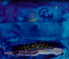 Scott, Rosie: Untitled seascape with gold boat, signed, watercolour on board, 10 x 12 cms. We will credit the artist at all times. Bequest.