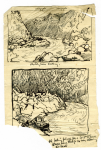 Hemy, Charles Napier RA RWS (1841-1917): Two landscape studies, inscribed First aperture: 'Vineyards. Sketch from railway.' Second aperture: '.looking place in a boat to.Wane come through sixteen men steering.the boat', Pen on paper, 20.3 x 13.4 cms. Presented by Quinn, Priscilla.